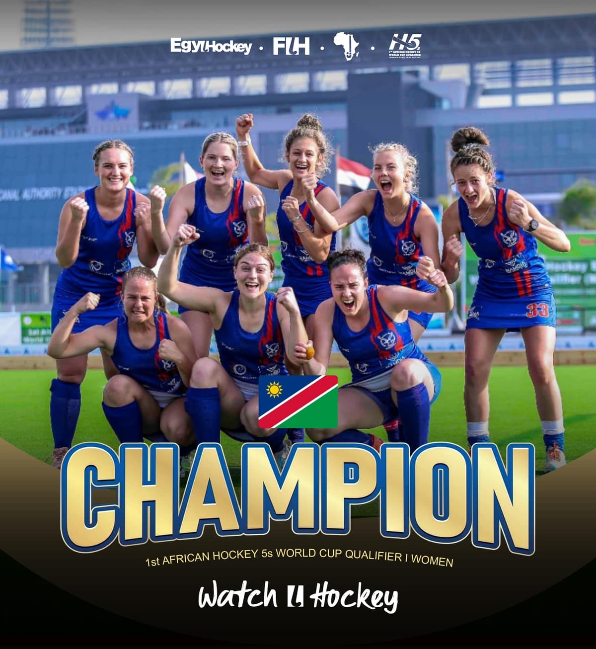 Namibia women's hockey team celebrating a victory